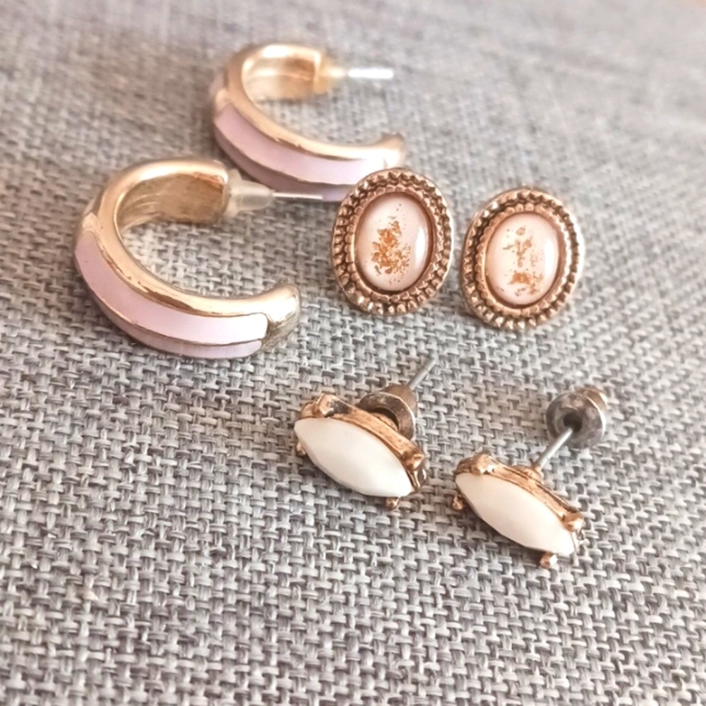 3 Pairs of Romantic Vintage Earrings Pink and White - Pre-loved
